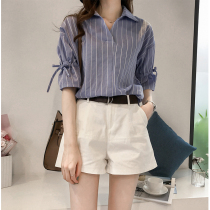 2021 New Korean version of retro Hong Kong flavor short sleeve striped lace-up shirt women loose casual shirt plus size shirt