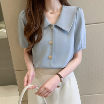 French retro shirt women loose vneck bubble sleeve top 2021 summer new design sense niche chiffon shirt