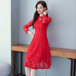 Autumn 2020 new elegant temperament slim slim medium long sleeve lace dress