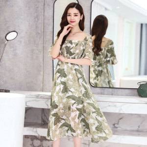 New style one shoulder short sleeve printed chiffon dress in summer 2020