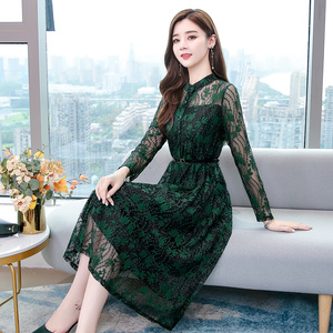 Long sleeve dress autumn 2020 new style hollow lace bottomed A-line skirt