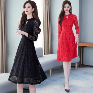 Autumn 2020 new elegant temperament slim slim medium long sleeve lace dress