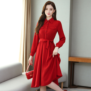 New Korean lace up Lapel Long Sleeve Dress