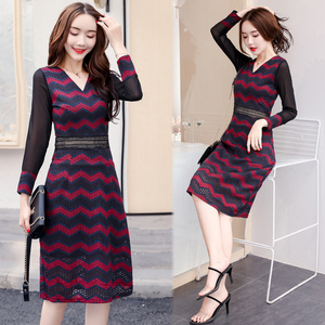 Autumn 2020 new Korean V-neck lace cut out patchwork dress