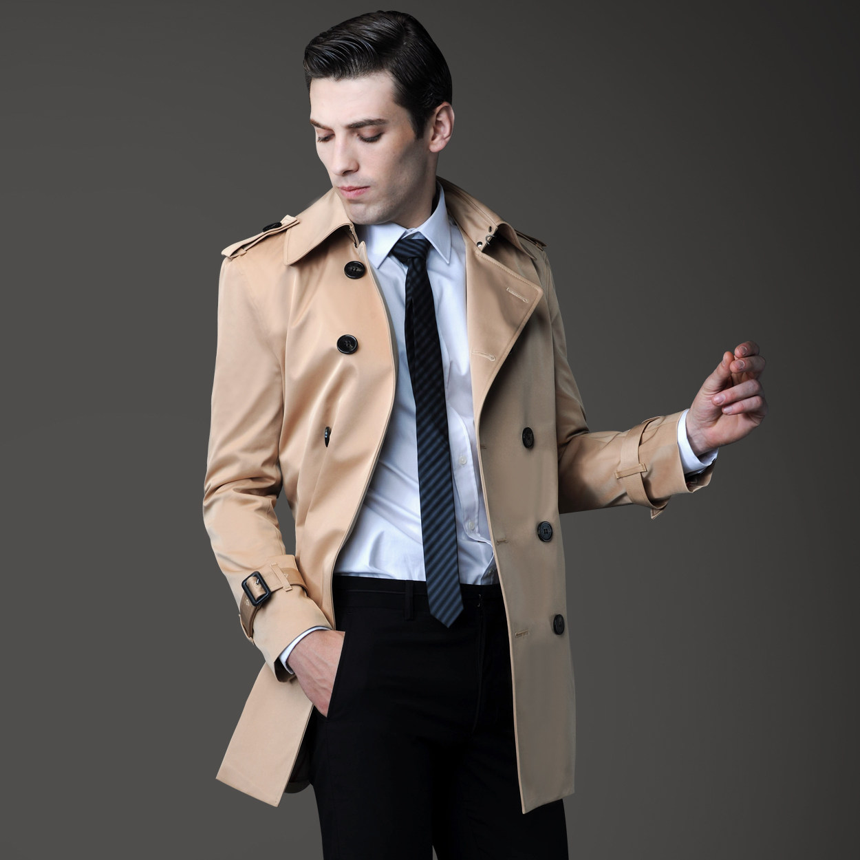 ursmart秋季新款正品男士风衣修身短款双排扣卡其色男风衣外套潮