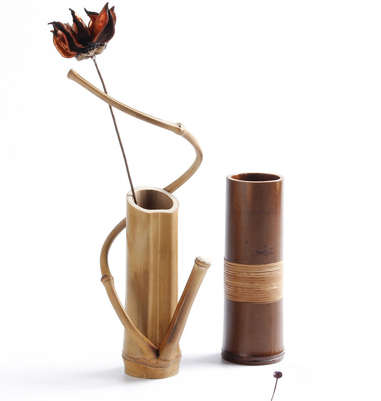 竹筒绕枝花器 日式个性干花筒紫竹花瓶 竹编花入花架花插禅意摆件