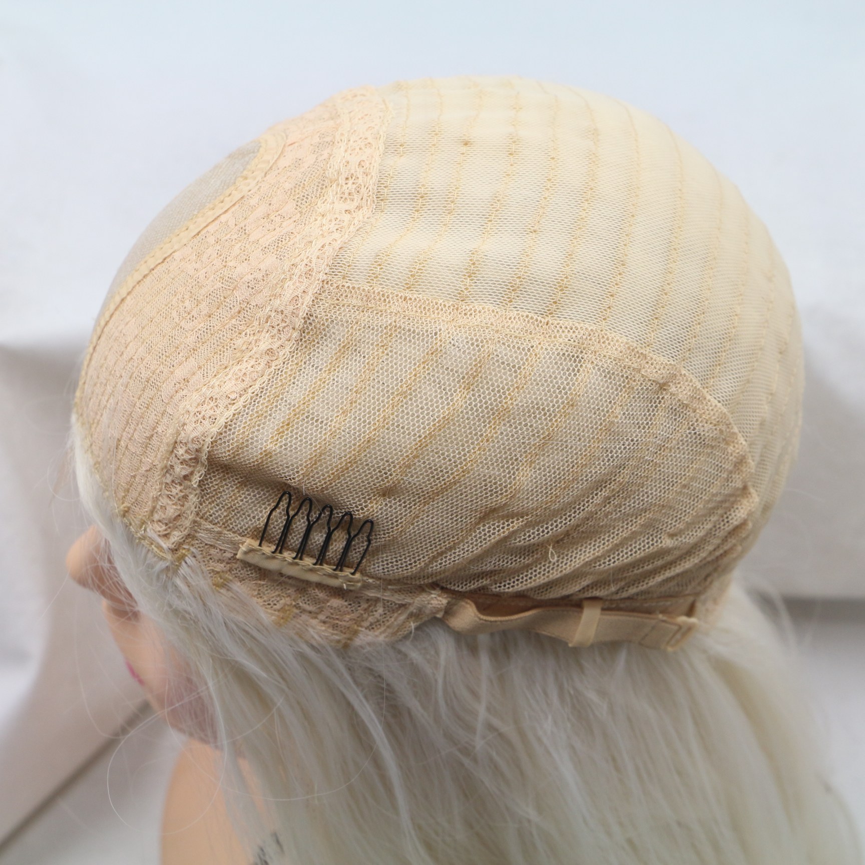 轻薄款手勾小蕾丝假发女米白色大波浪长卷发自然仿真全顶头套