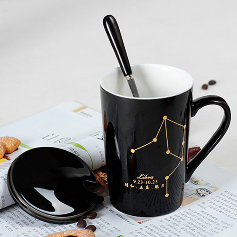 ceramic cup female student korean version drinking cup home male constellation coffee cup mug with lid spoon large capacity