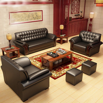 Business real cow skin office sofa is a simple three-person sofa association guest reception and discuss office sofa tea combination