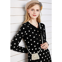 Baitu Bow Point V Collar Dress Womens Waist Long 2021 Winter New Sweet Knitted Skirt