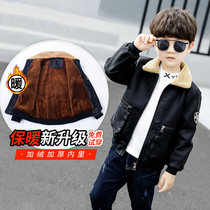 Childrens clothing Boys leather jacket Autumn and winter new middle and large children autumn and winter middle and large children baby foreign style leather jacket velvet