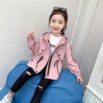 2021 autumn new childrens clothing Korean version of the girls jacket jacket medium and large childrens hooded girl windbreaker waist wild tide