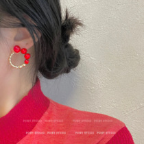 Japanese and Korean ins red ring earrings temperament high grade atmospheric retro earrings 2021 New Tide light luxury earrings