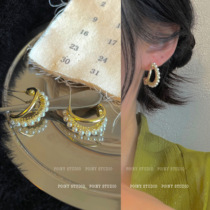 Simple circle ring pearl earrings 2021 New Tide retro port style light luxury exquisite earrings temperament Net red ear ornaments