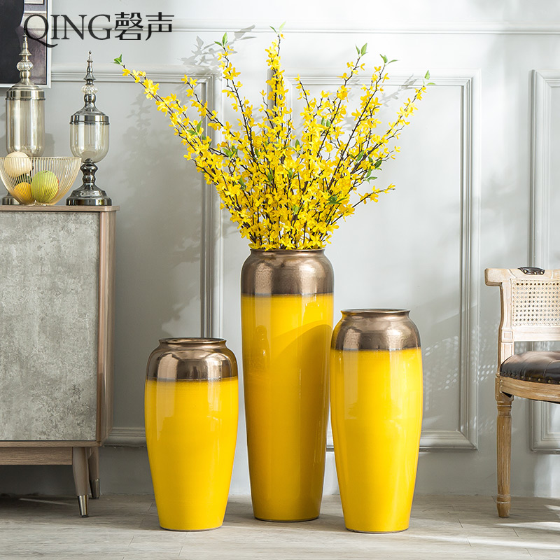 Jingdezhen ceramic floor big vase Nordic modern living room, large villa hotel furnishing articles yellow flower arranging decoration