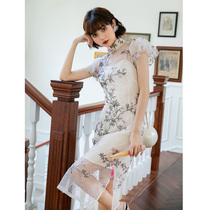 Dior women 2021 summer new ladies temperament embroidery lace dress national style siteng with cheongsam skirt