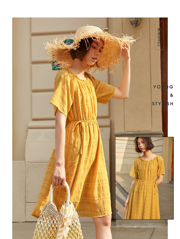 Jeanswest Nữ đầm eo chữ A mùa hè 2021 váy ngắn tay màu vàng ngọt ngào mới - Sản phẩm HOT