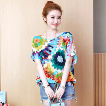 Short-sleeved T-shirt female middle-aged mother 2021 summer loose printed cotton top size 200 Jin foreign bat shirt