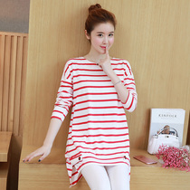 Fat mm200 Jin Fat Plus Medium Long Long Sleeve T-shirt Women Early Spring New belly Top Stripe Thin base shirt