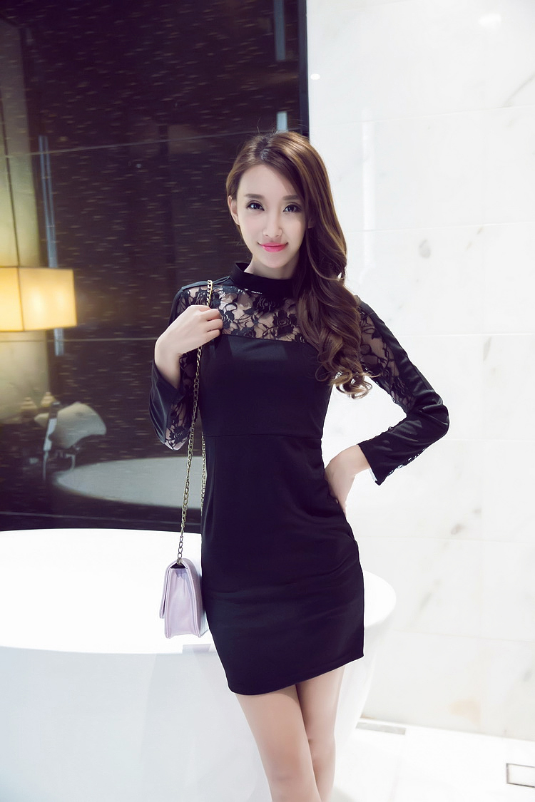 秋装新品性感透视蕾丝连衣裙 韩版针织修身包臀连衣裙 9153实拍