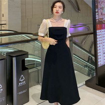 Large code black one-piece dress woman 2022 Summer goddess Van Temperament Bubble Cuff style Herbenwind long skirt