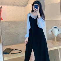 Fake two-piece dress code dresses 2022 spring new temperament mesh yarn splicing sexy open fork style long skirt over knee