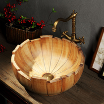 Ceramic Antique Table Basin Washbasin Retro Terrace Basin Wash Basin Wood Grain Engraving Art Wash Basin Round