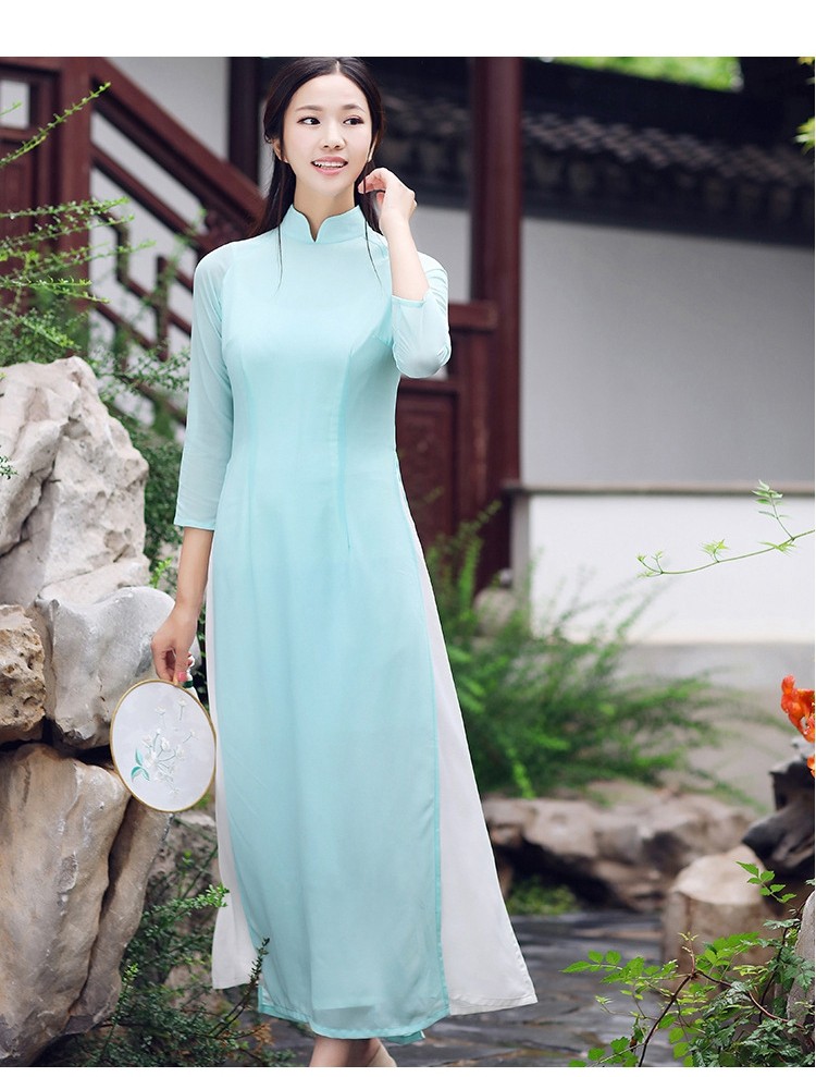 艳如飞奥黛旗袍年轻款汉服茶艺服装女越南修身茶服中国风连衣裙女仙气