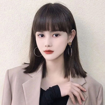 Comic bangs wig female long hair natural full head cover type real hair net red Qi bangs wig female medium long straight hair