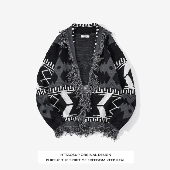 HTTAOSUP Japanese retro lazy style cardigan sweater men and women fashion brand hip-hop cat whisker old sweater jacket HTTAOSUP Japanese retro lazy style cardigan sweater men and women fashion brand hip-hop cat whisker old sweater jacket