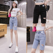 Denim five-point pants womens summer 2021 new thin high-waisted shorts black mid-pants outer wear tight riding pants tide