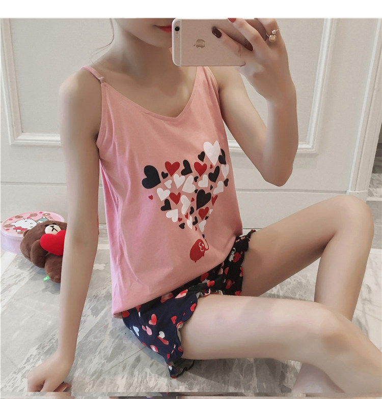 夏季吊带 带胸垫睡衣女夏韩版 爱心桃 免穿内衣 家居服套装