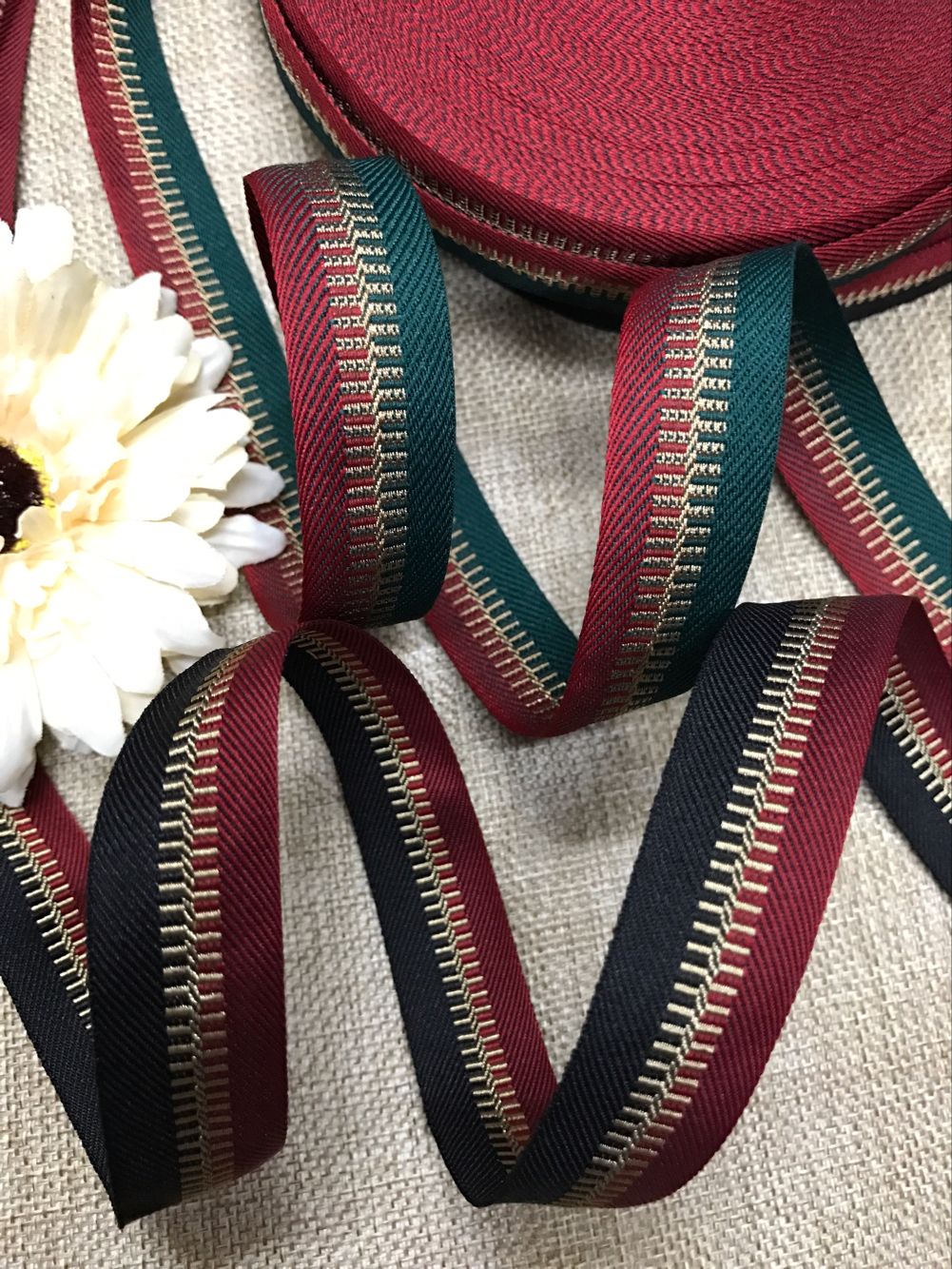 拉链纹织带绿红黑红金色间色装饰包装礼盒丝带复古 服装diy礼品带