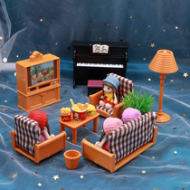 Mini play house doll house decoration living room fabric sofa TV piano little girl doll gift
