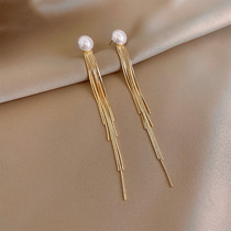 Face thin advanced sense Pearl long tassel earrings 2021 New Tide earrings female simple temperament earrings