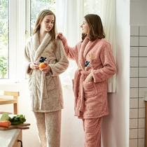 Coral velvet pajamas womens winter long-sleeved thickened bathrobe set Flannel womens nightgown long home service autumn