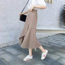 chic fishtail skirt spring and summer Women 2021 New High waist Korean version bag hip long plaid irregular half skirt