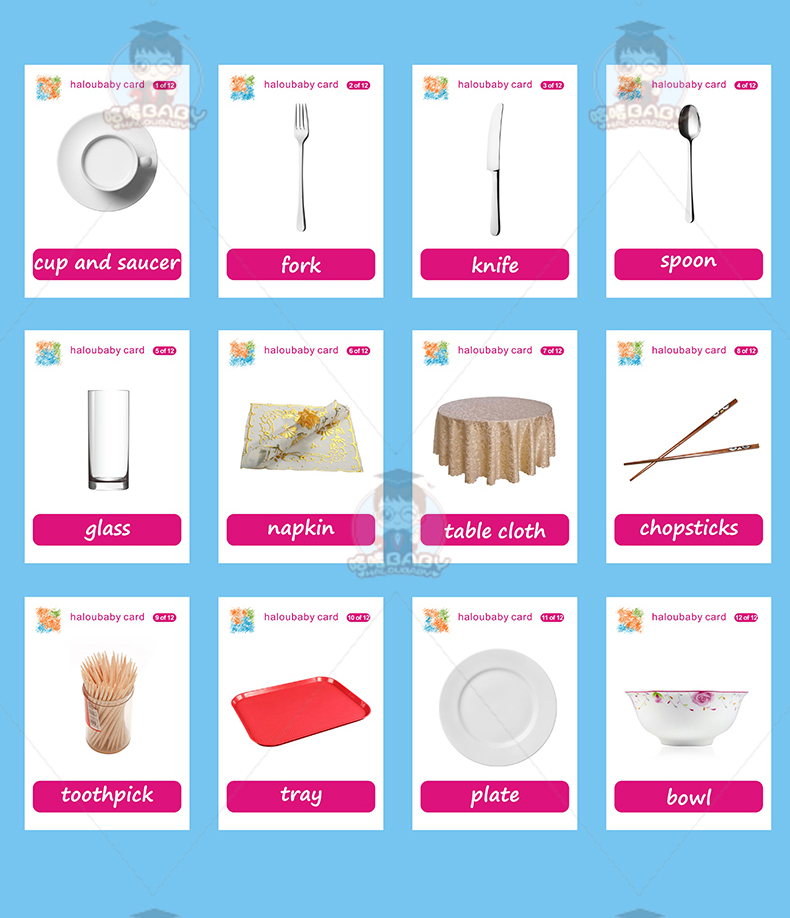 tableware餐具英语单词卡片闪卡宝宝早教启蒙幼儿园英文教师教具_7折