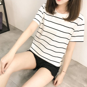 纯棉条纹短袖t恤女社会夏装新款宽松百搭上衣学生大码打底衫体恤