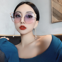 Korean version of net red rimless glasses female personality cat ears cute street shooting sunglasses big frame round face blue pink sun glasses