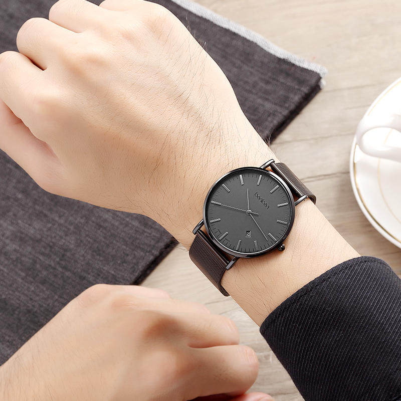 benken正品真皮超薄手表男士皮带时尚男表学生