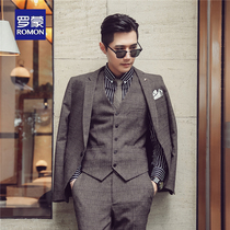 Romon mens suit suit wedding gown three sets Korean version of retro plaid casual Western suit Mens suit