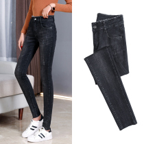 High waist jeans women slim fit wool side small feet long pants pencil spring and summer new Korean version elastic display slim fit 100 ride trend