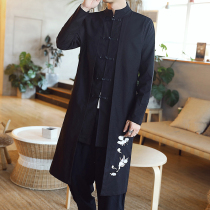 Autumn Chinese style trench coat mid-length fake two-piece cotton linen coat loose tang dress Chinese style linen coat long shirt antique