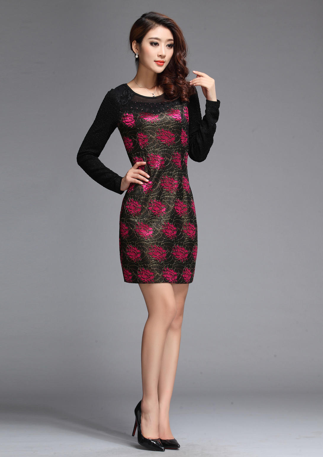 2016秋冬新款唯品会大码女装华哥弟情品牌中长款长袖桑蚕丝连衣裙_7折