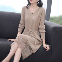 Spring and Autumn 2021 new long lace-up sweater Ladies lace loose base shirt knitted dress coat