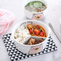 Japanese round ceramic lunch box creative student cartoon fresh-keeping bowl separated sealed box microwave oven split lunch box