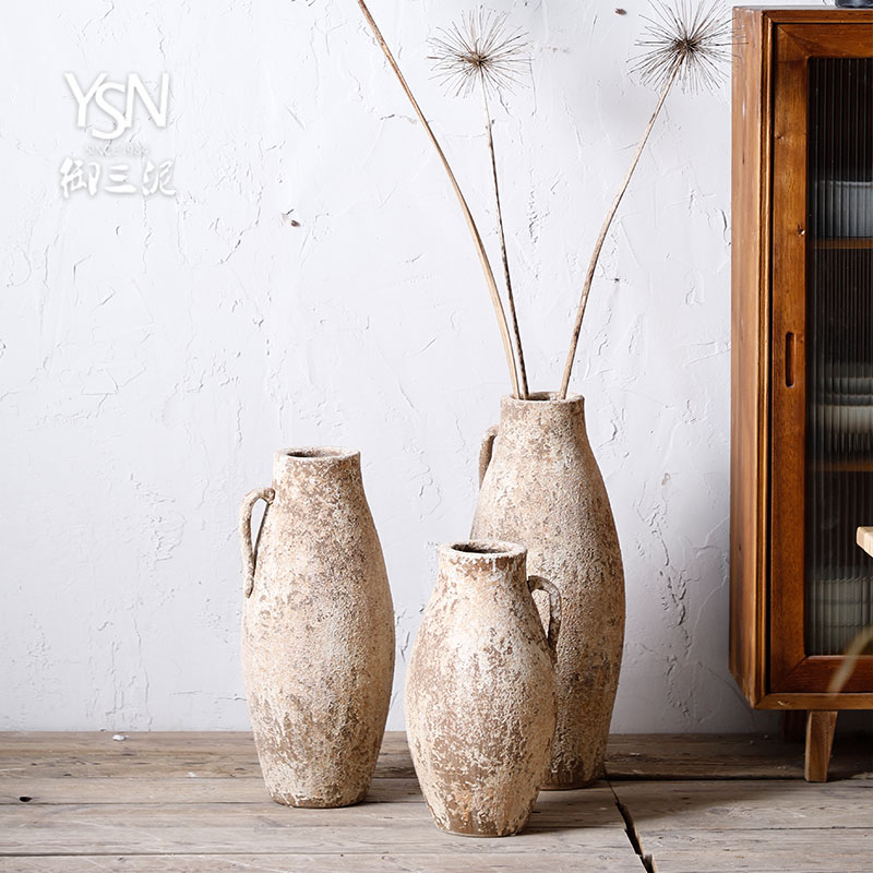 Royal three mud flower arranging furnishing articles wabi-sabi rural home decorative vase coarse pottery flower implement northern wind restoring ancient ways POTS dry flower