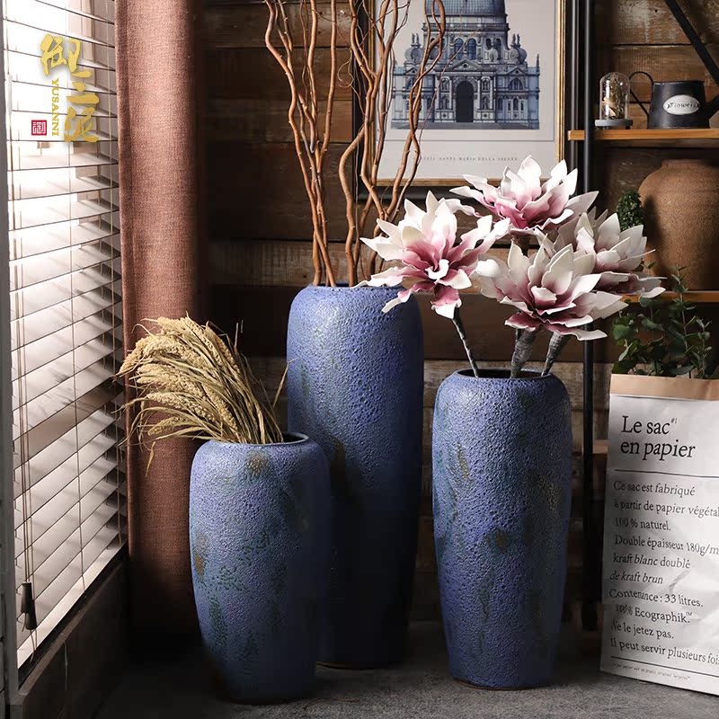 Retro coarse pottery vase landing blue ceramic dried flower arranging flowers furnishing articles POTS to I and contracted sitting room window decoration