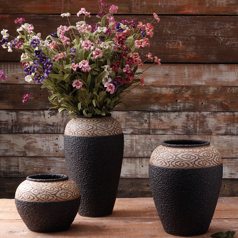 Jingdezhen checking coarse pottery xiangyun Chinese style of black pottery machine dry flower hydroponic flower pot furnishing articles pottery crispy noodles